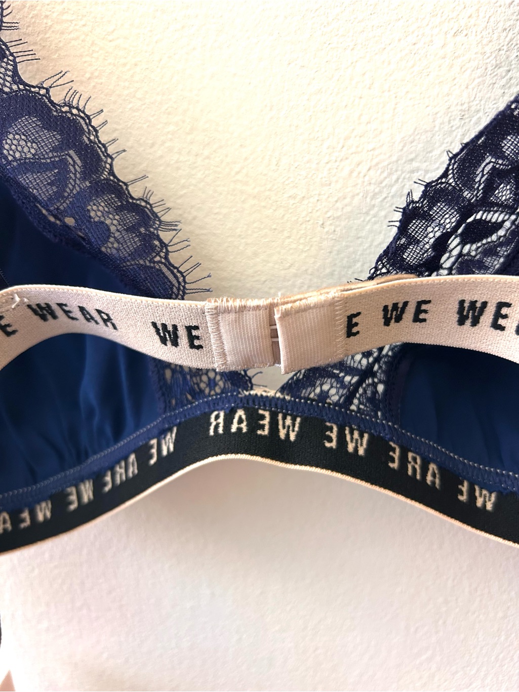 We Are We Wear Navy Satin Lace Trimmed Triangle Bralette Size Medium — image 6 of 8